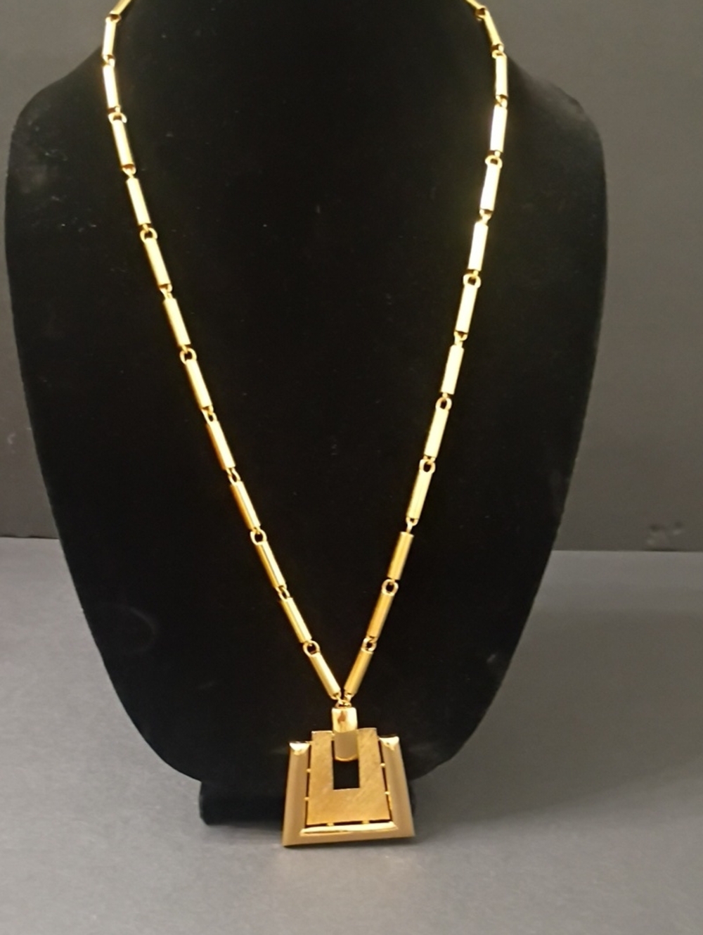 Vintage Monet Signed Gold Geometric Pendant Long Necklace